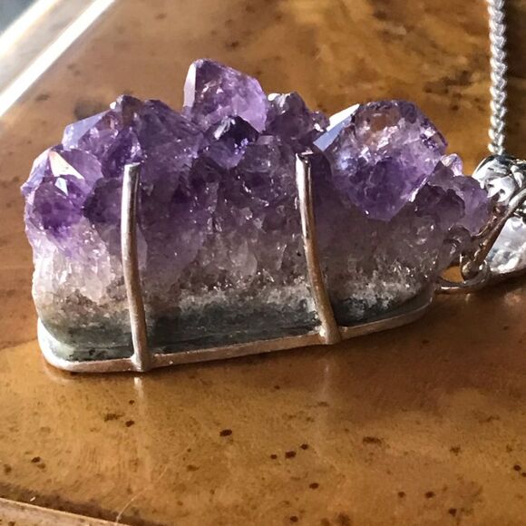 African Amethyst Geode Sterling Silver Stainless Steel Pendant Necklace - Picture 2 of 7